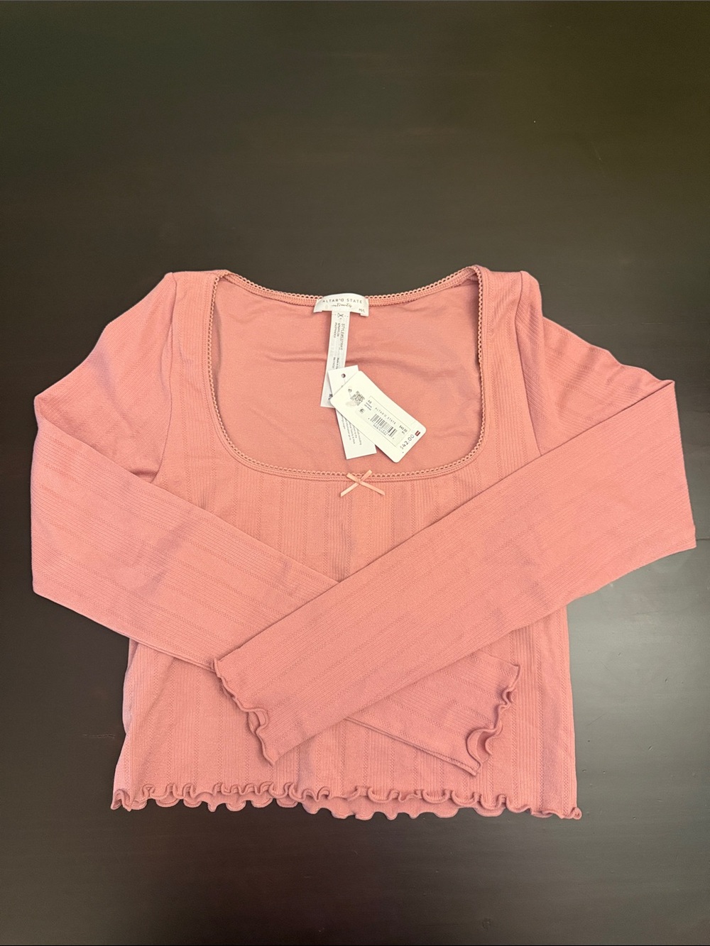 Altar'd State Dusty Rose Ribbed Long-Sleeve Square Neck Top